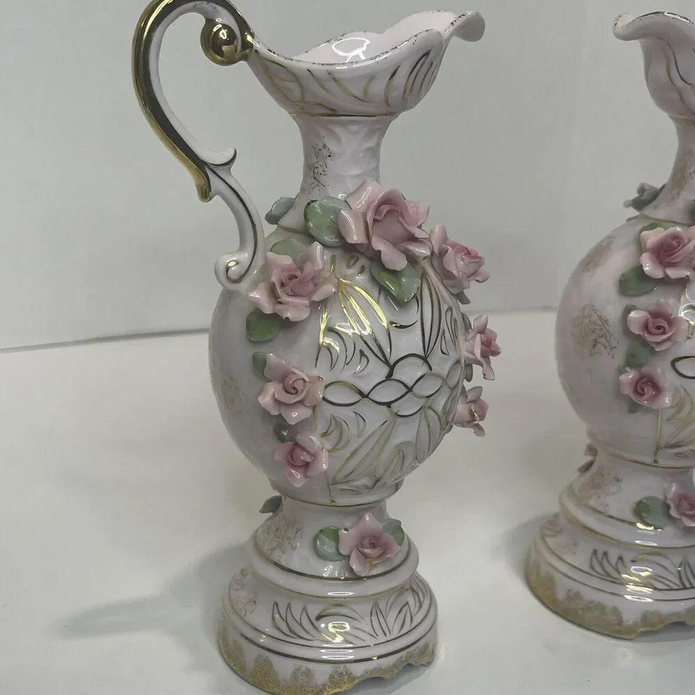 Vintage Lefton China Pink Roses Pitcher Vase Pair See Description